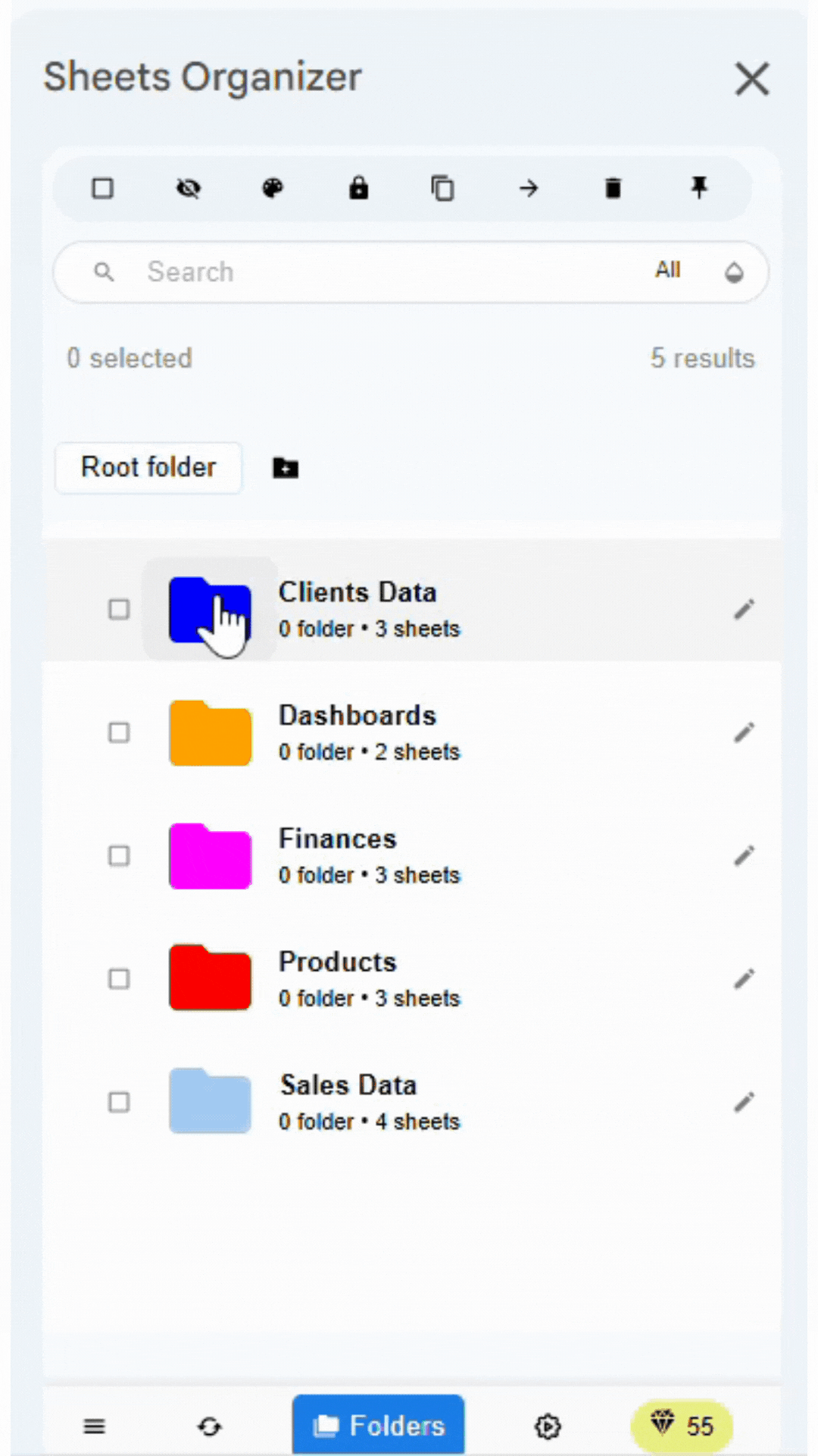 Demonstration of adding sheets to folders