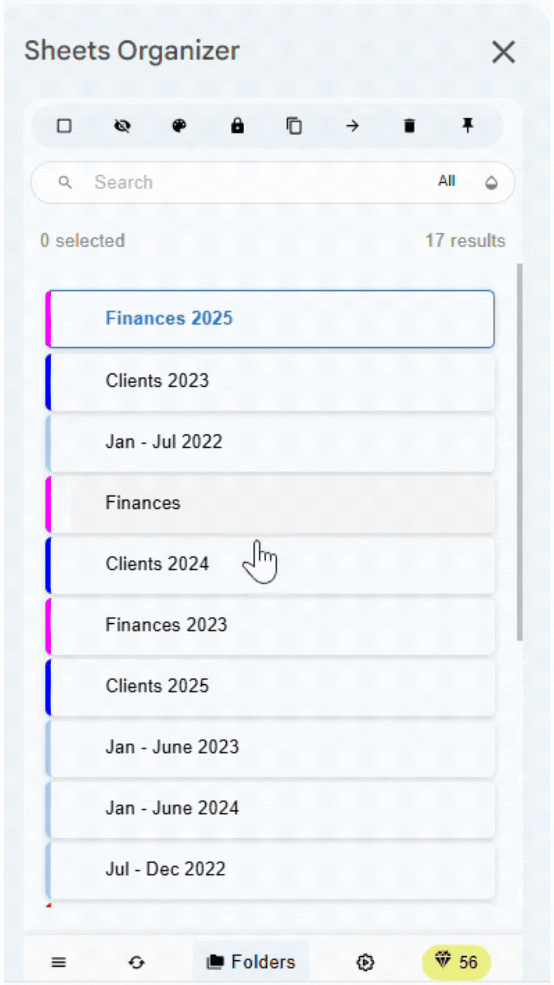 Create a folder in Sheets Organizer