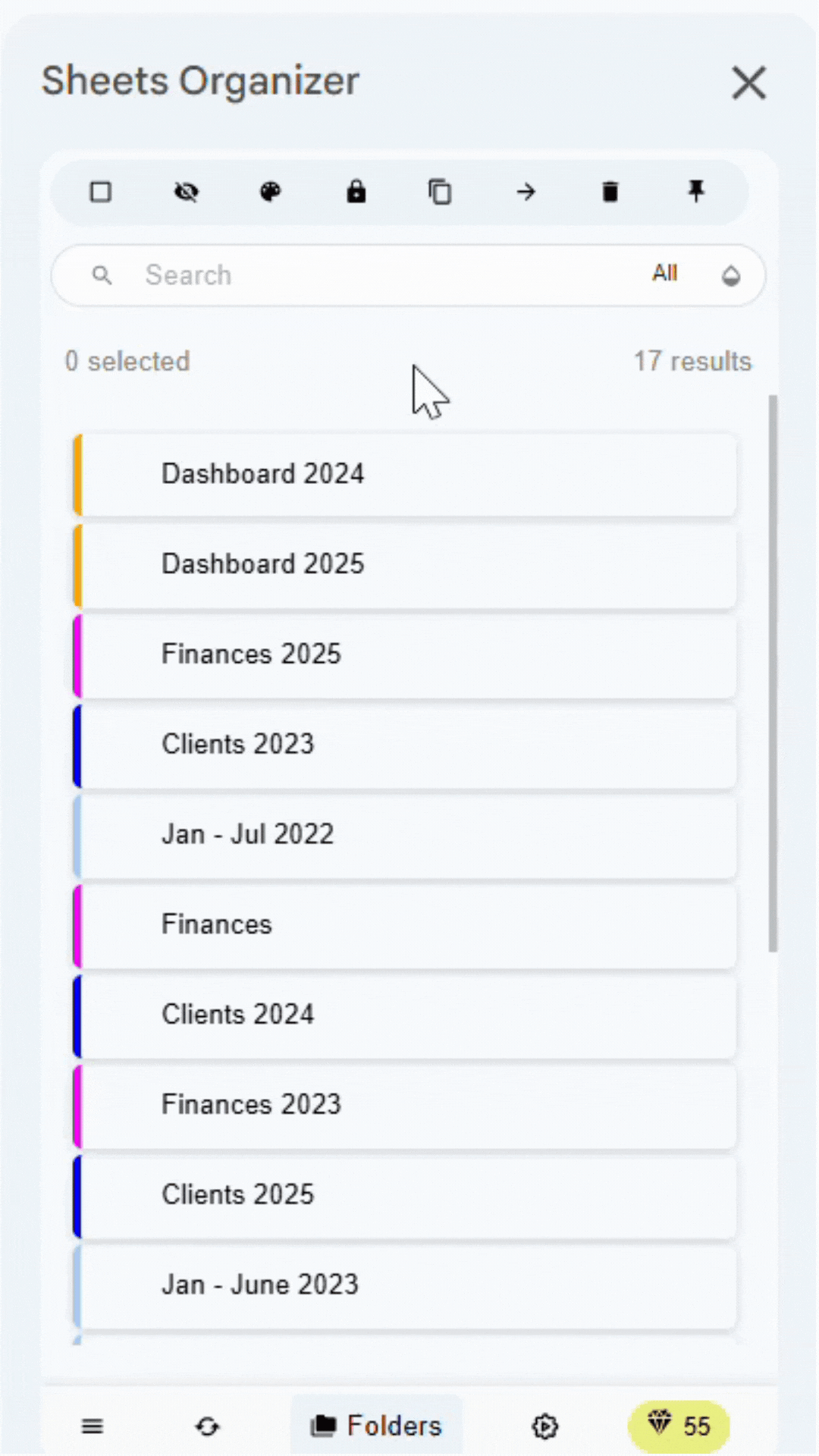 Demonstration of deleting folder and all contained sheets
