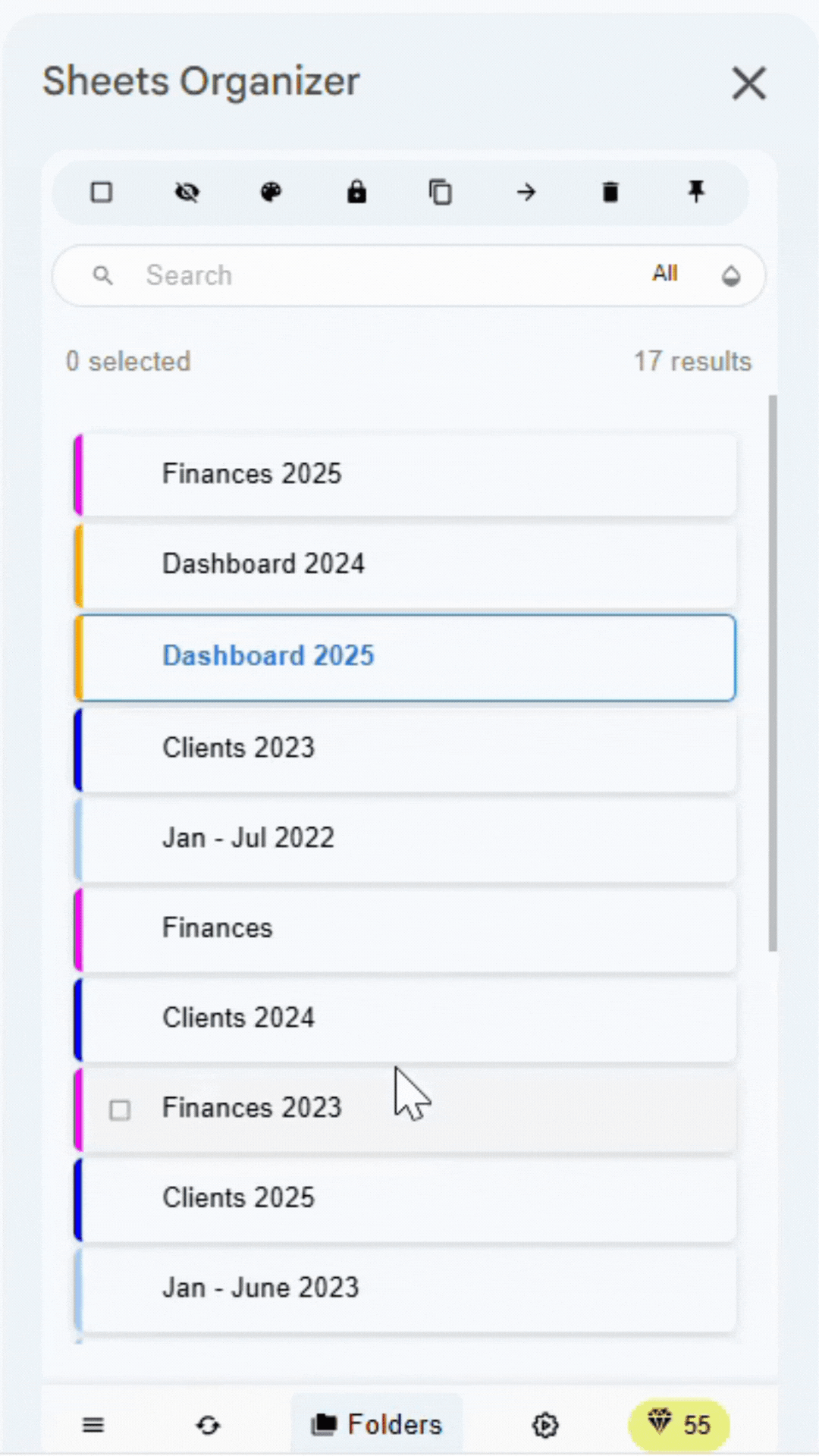 Demonstration of hiding folder and all contained sheets