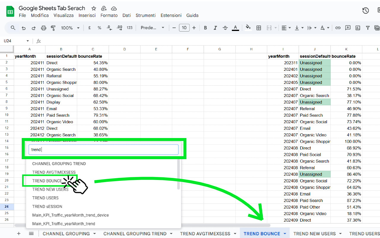 Google Sheets Tab Search interface